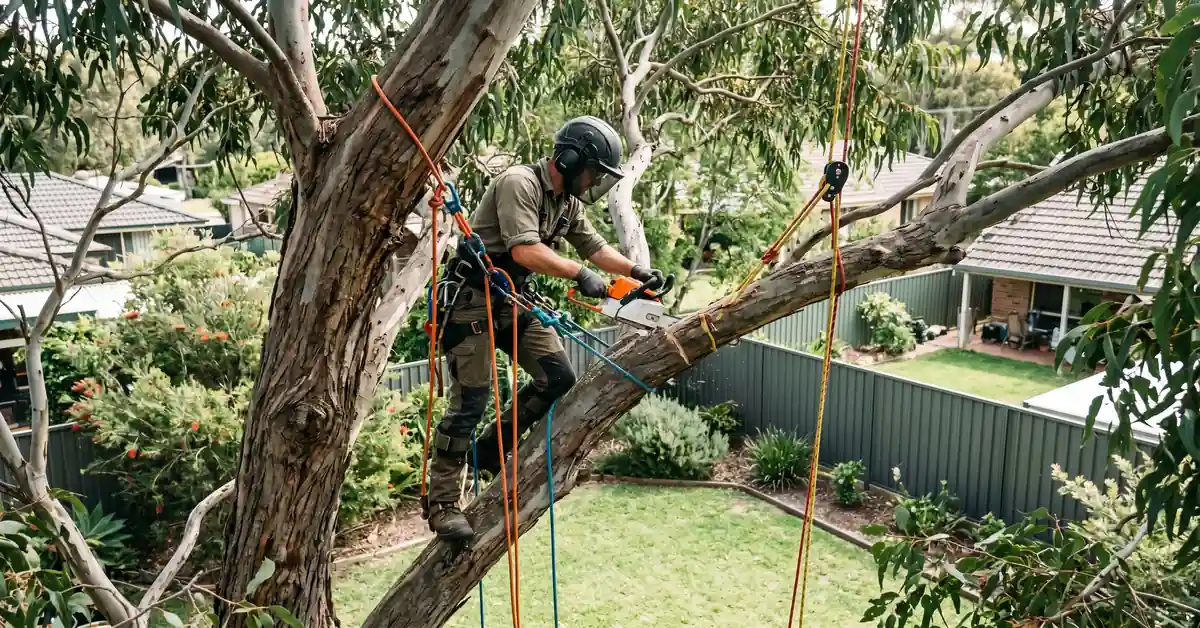 Arborist in safety harness up large eucalyptus tree removing limb with chainsaw