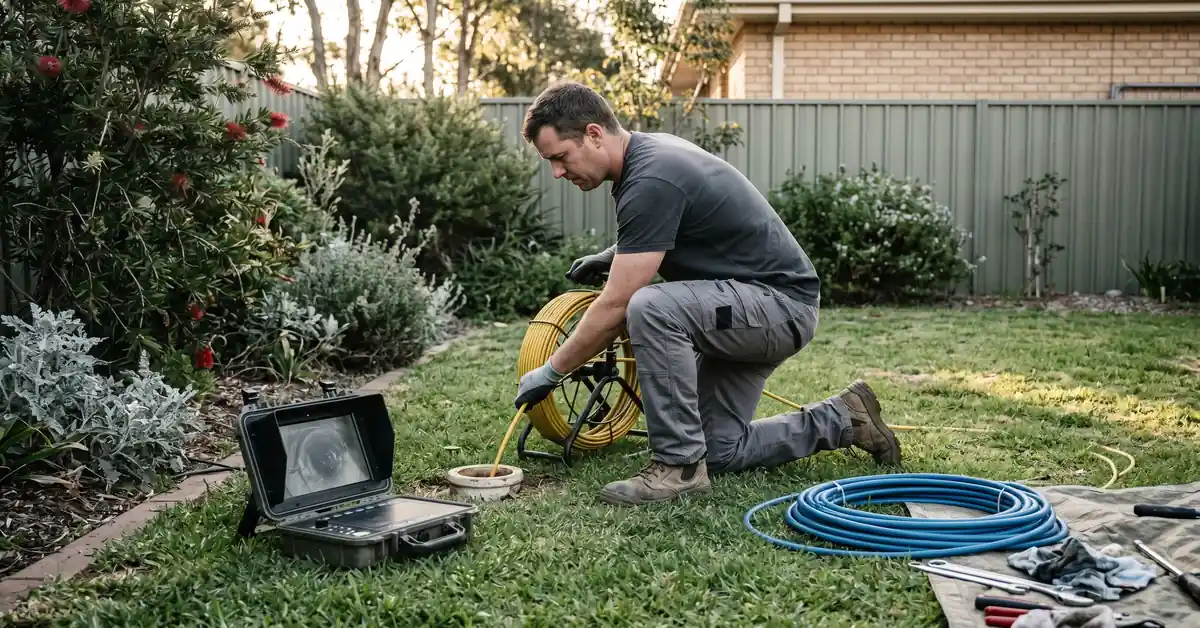 Drain plumber feeding CCTV drain camera into inspection point in residential yard