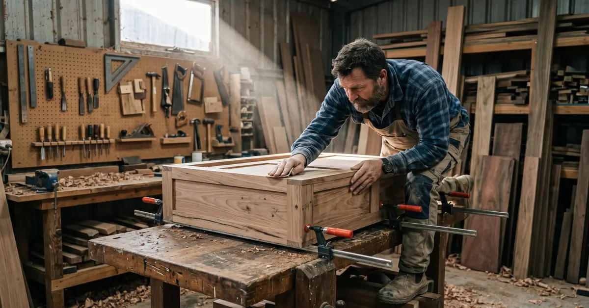 Cabinet maker hand-sanding custom timber vanity in workshop