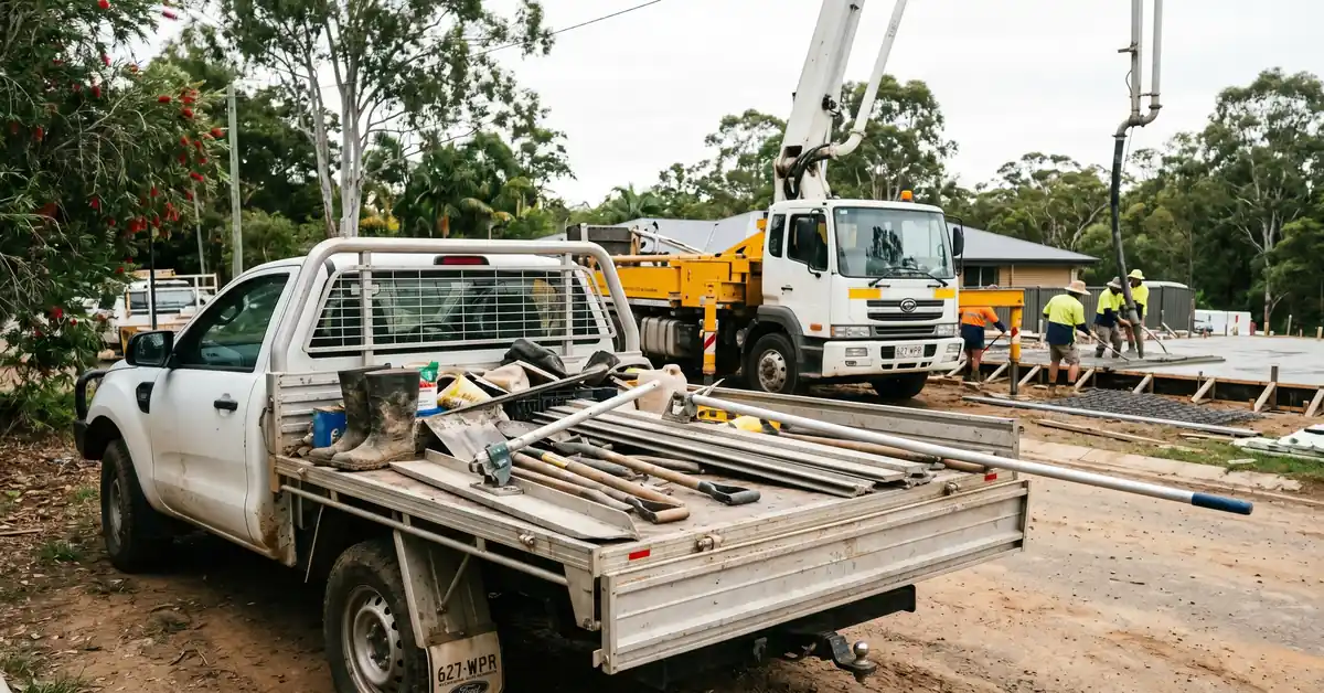 Concreter's ute with finishing tools alongside concrete pump at residential pour