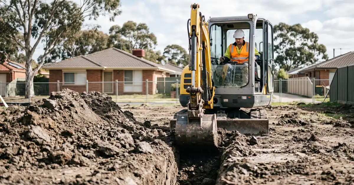 Excavator operator in cab of 5-tonne excavator digging trench on suburban lot