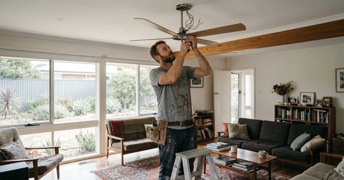 Handyman up ladder installing ceiling fan in residential living room with tool belt