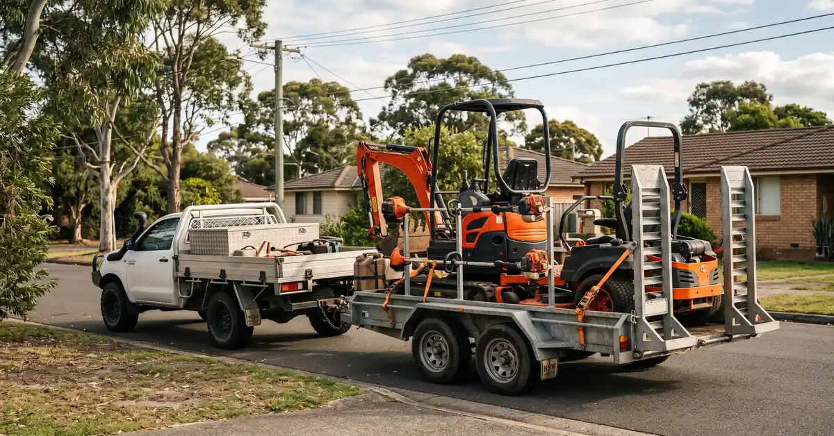Landscaper's ute towing trailer with mini excavator and mower
