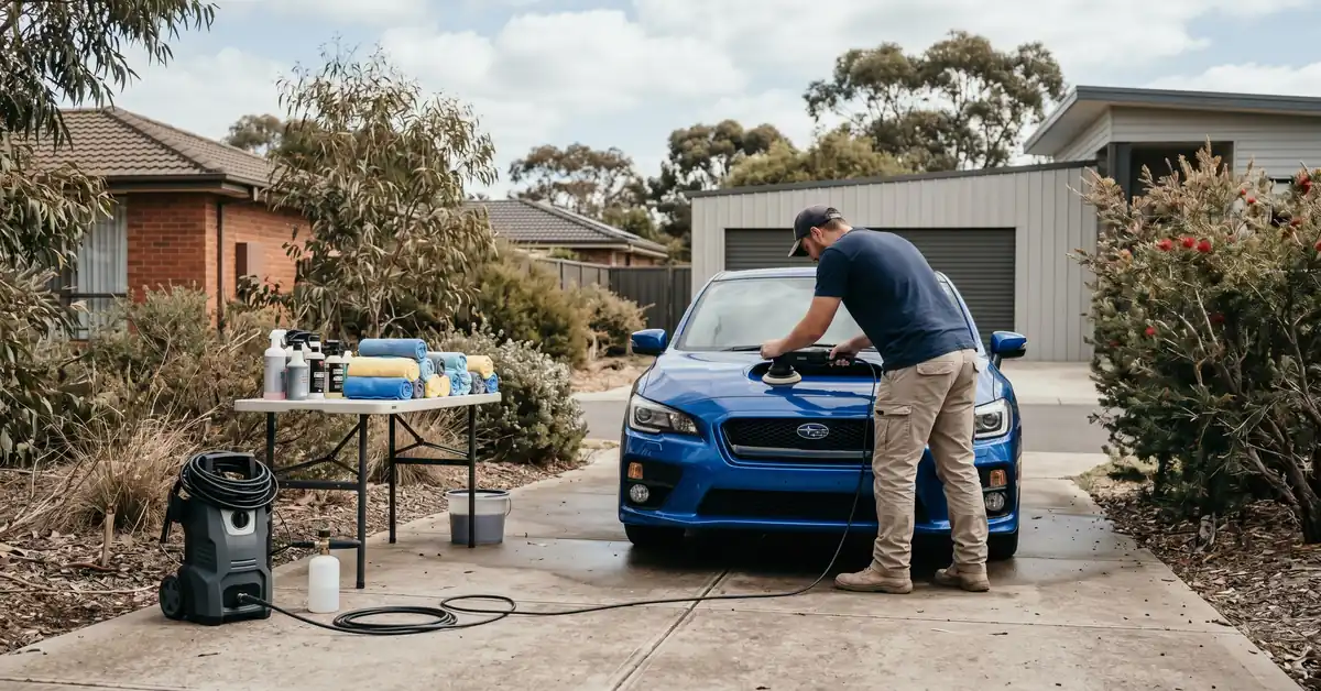 Mobile detailer polishing vehicle with DA polisher in client driveway