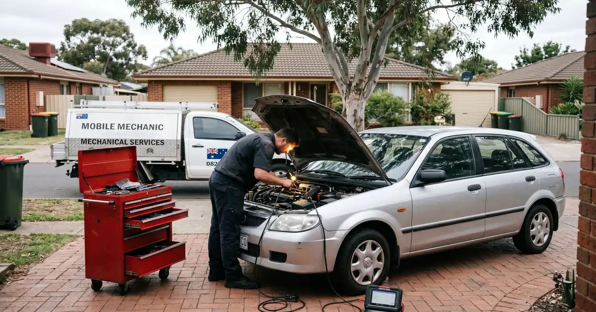 Mobile mechanic working under car bonnet in residential driveway with ute and canopy behind