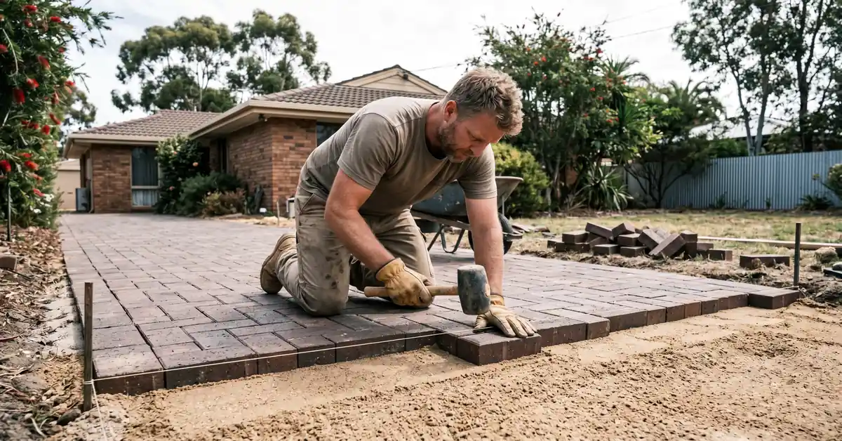 Paver laying brick pavers in herringbone pattern on residential driveway