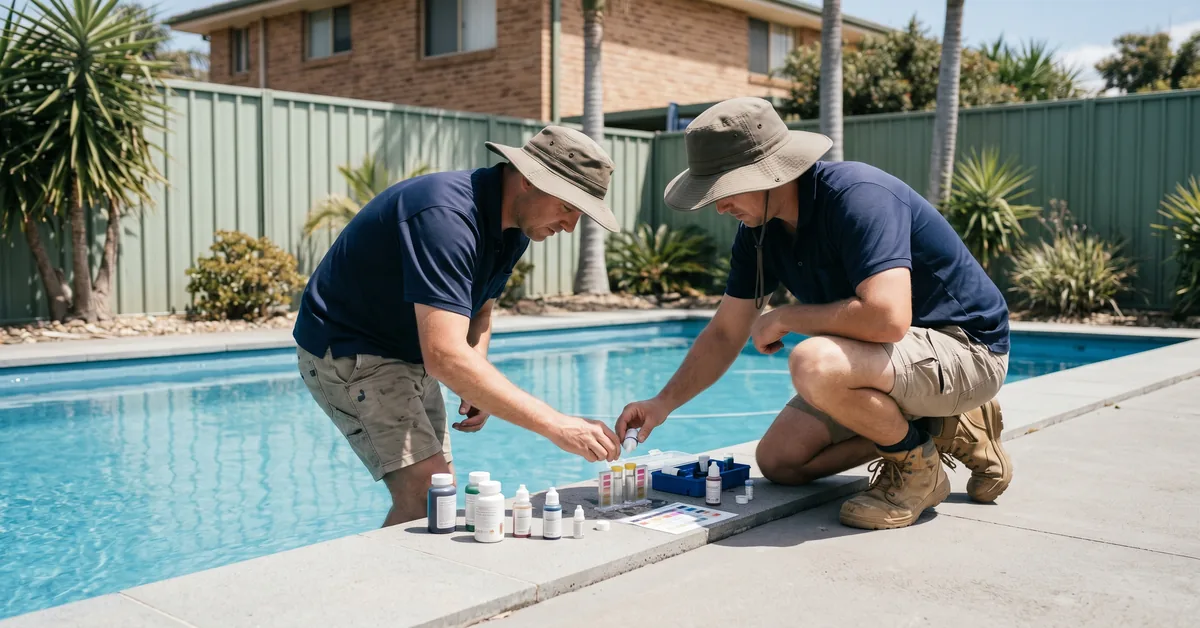 Pool technician testing water chemistry at edge of backyard swimming pool