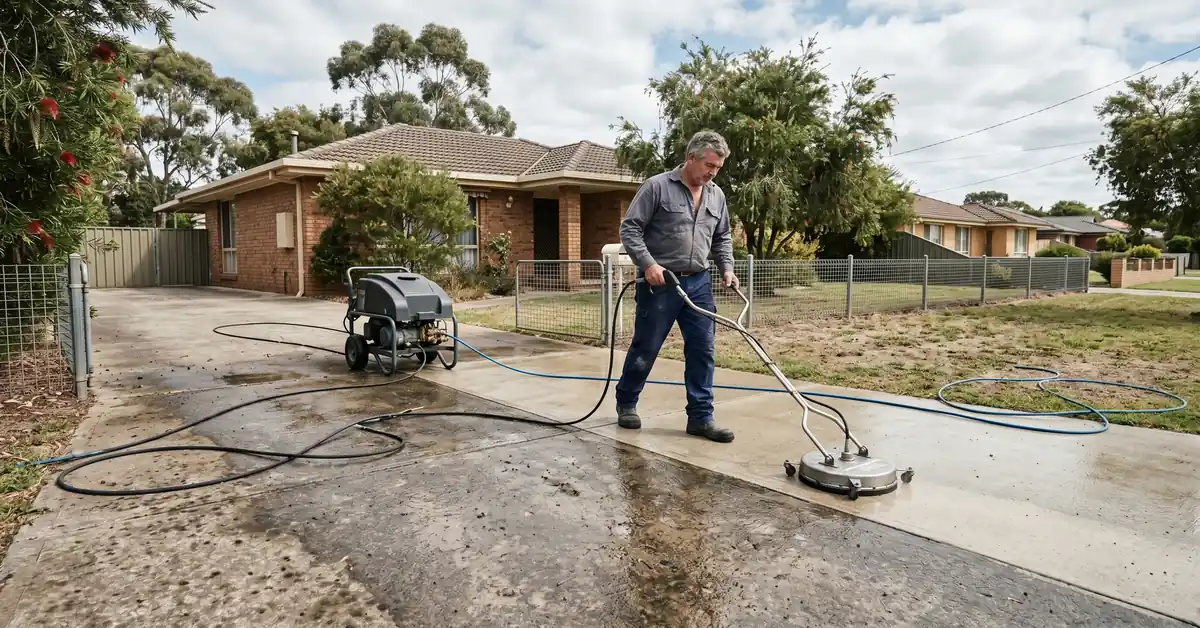Pressure washer cleaning concrete driveway with dramatic clean and dirty split visible
