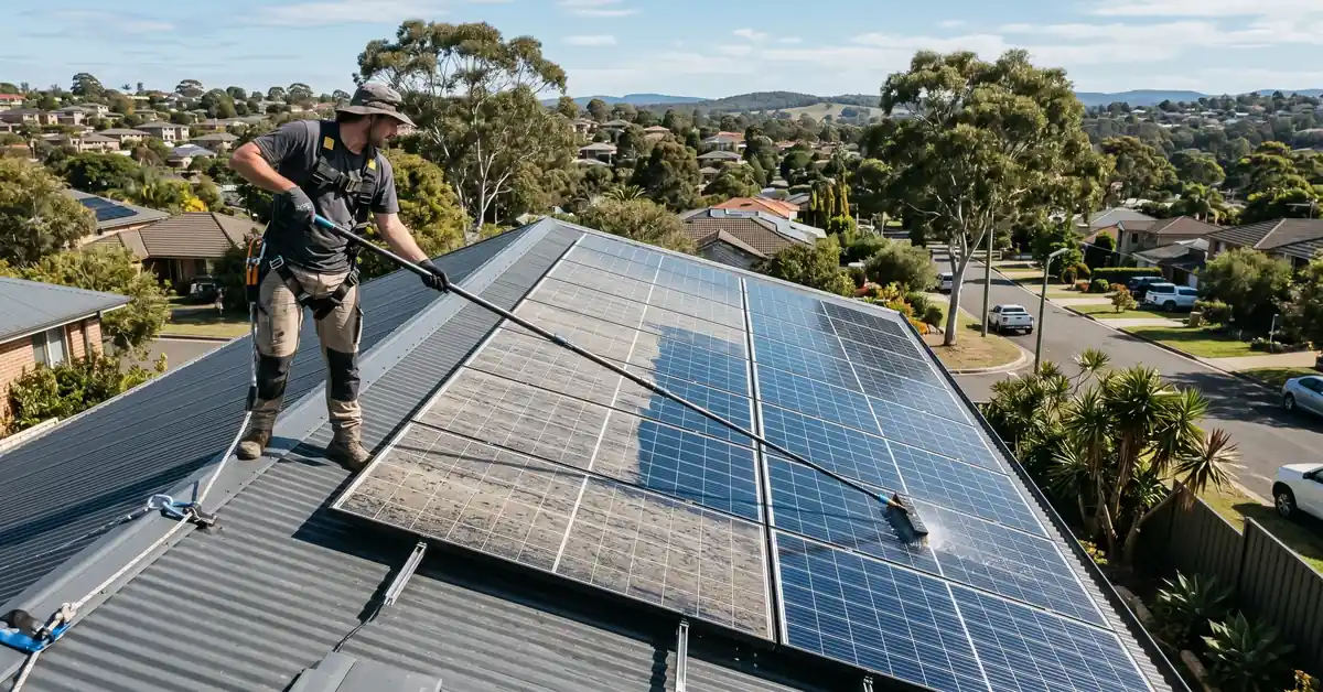Technician on residential roof cleaning solar panels with water-fed brush showing contrast
