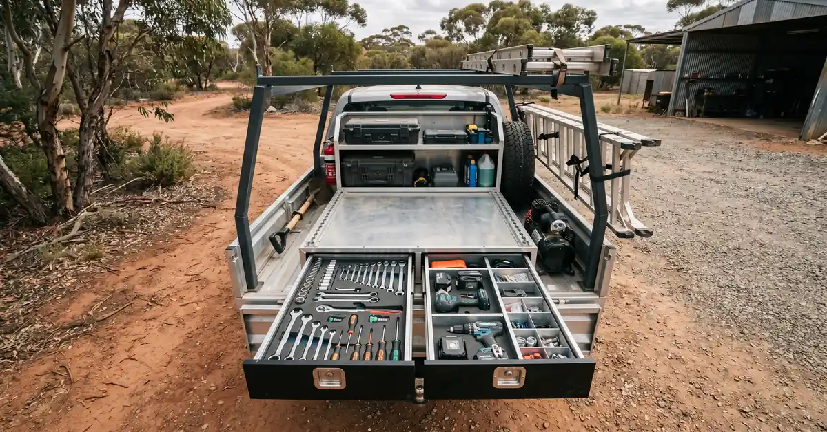 Professionally organised trade ute tray with custom toolbox drawers and ladder rack