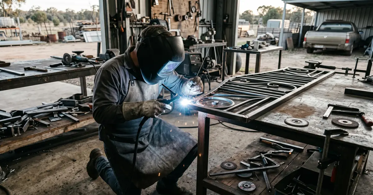Welder in full face shield TIG welding custom steel gate with bright arc and sparks